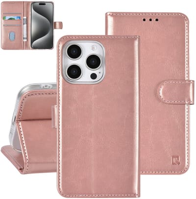 TUNIQ telefoonhoesje voor Apple iPhone 16 Pro - Boekmodel voor 3 pasjes - Magneetsluiting - Roségoud