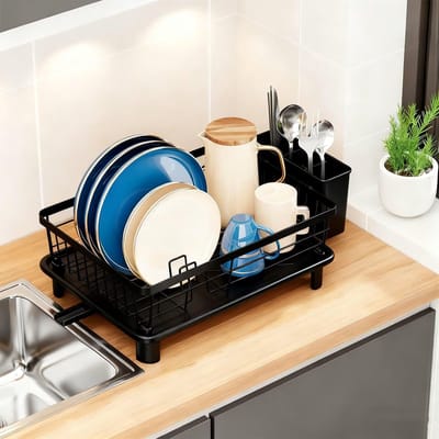 Afdruiprek - Afwasrek met Lekbak en Bestekhouder – 2 in 1 rvs Afwasrek voor Borden, Kommen en Glazen – Keukenrek - Compact Droogrek voor Aanrecht – Zwart