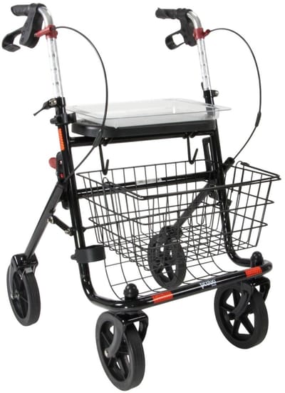 Premis Provo Rollator 2e Generatie – Lichtgewicht (8kg) - Inklapbaar – Comfortabele Rollator met Mandje, Dienblad en Stokhouder - Metallic Zwart