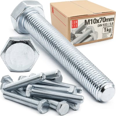 LUN FIX - Zeskantschroeven M10x70 - 1 kg (ca. 20 stuks) - DIN 933 Volledige schroefdraad - verzinkt staal