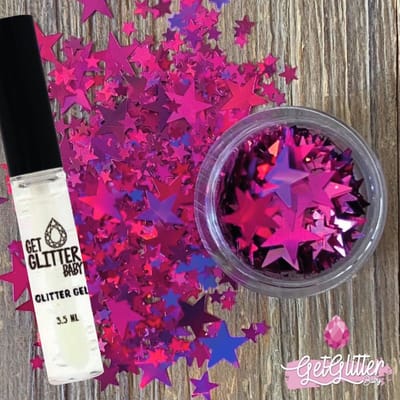 GetGlitterBaby® - Chunky Festival Glitters Sterretjes voor Lichaam en Gezicht Gel Glitterlijm Huid lijm / Bio Vegan Biologische Biodegradable Face Body Glitter Jewels - Roze + Glittergel Huidlijm Lijm