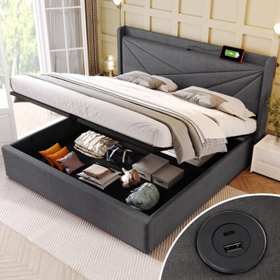 MODFU Bedframe 140x200 cm – Katoenlinnen grijs – Met opbergruimte, USB/USB-C & geometrisch hoofdbord