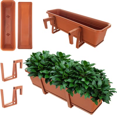 KADAX Wamat, bloembak met onderzetter, met of zonder bloembakhouders, balkonpot van kunststof, plantenbak, balustrade, bloempot (baksteenrood, 60 cm + houders)