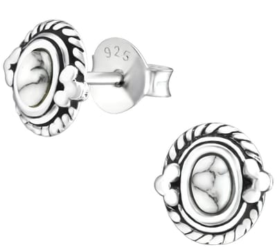 Joy|S - Zilveren Bali oorbellen - classic ovaal - 7 mm - howlite wit
