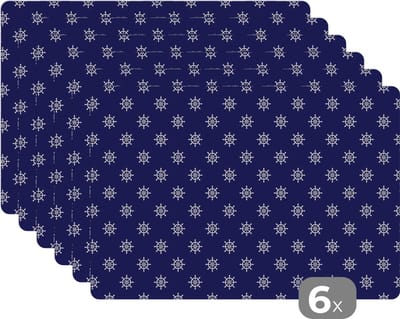 Placemat - Placemats kunststof - Patronen - Zee - Boot - Stuurwiel - 45x30 cm - 6 stuks - Hittebestendig - Anti-Slip - Onderlegger - Afneembaar