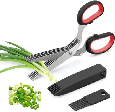 Famanu – Kruidenschaar voor snel knippen van kruiden, vijf messen voor fijn snijden, roestvrij staal, zwart