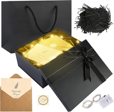 Dailygoods- Geschenkdoos met dekselset - Zwarte geschenkdoos - Wenskaart met envelop - Lichtsnoer - Draagtas - Geschikt voor alle gelegenheden - Cadeauverpakking