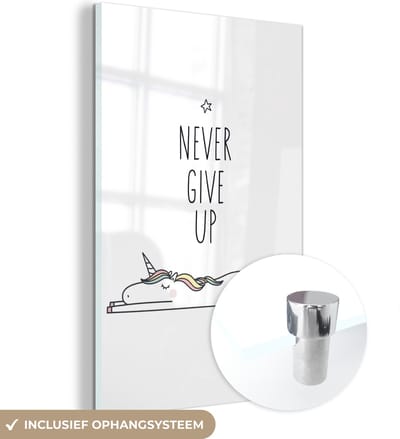 MuchoWow® Glasschilderij 120x180 cm - Schilderij acrylglas - Unicorn - Kinderen - Quotes - Never give up - Meisjes - Foto op glas - Schilderijen