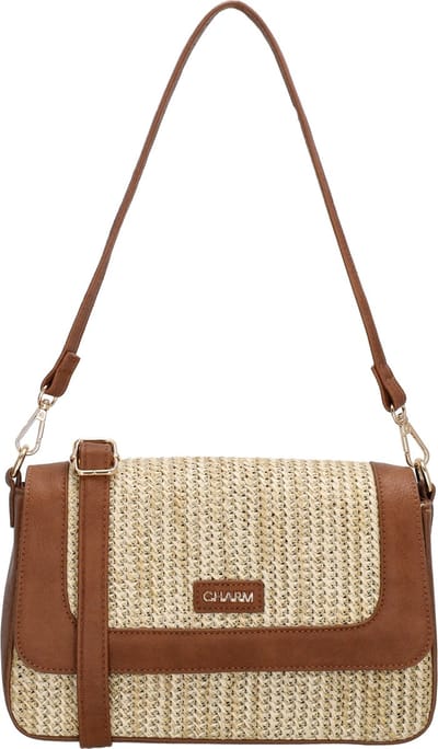 Charm London Hillingdon Schoudertas - Crossbody - Raffia - Schouderband - Praktisch - Ritsvakken - Beige