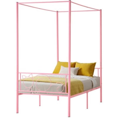 VEVOR hemelbedframe (tweepersoonsbed), metalen hemelbed met minimalistisch hoofdeinde en luifelontwerp, stevige stalen lattenbodem (rond), opbergruimte onder het bed, geen boxspring vereist, roze