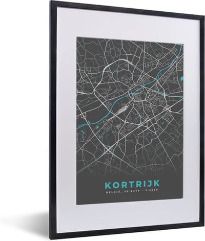 Fotolijst incl. Poster - Plattegrond – Kortrijk – Blauw – Stadskaart - Kaart - 30x40 cm - Posterlijst