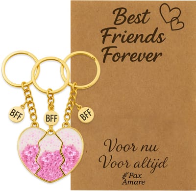BFF Sleutelhanger voor 3 'Best Friends Forever' - Magnetisch Glitter Hartje Roze - Sleutelhangers op Cadeau Kaartje - Goudkleurig - Vriendschap Symbool - Pax Amare