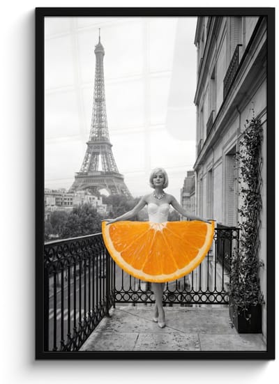 Poster in lijst - Fotolijst 60x90 cm - Posters - Sinaasappel - Eiffeltoren - Vrouw - Posterlijst zwart - Decoratie - Wanddecoratie woonkamer - Muurdecoratie slaapkamer