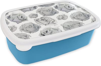 Broodtrommel Blauw - Lunchbox - Brooddoos - Rozen - Bloem - Zwart Wit - Patroon - 18x12x6 cm - Kinderen - Jongen