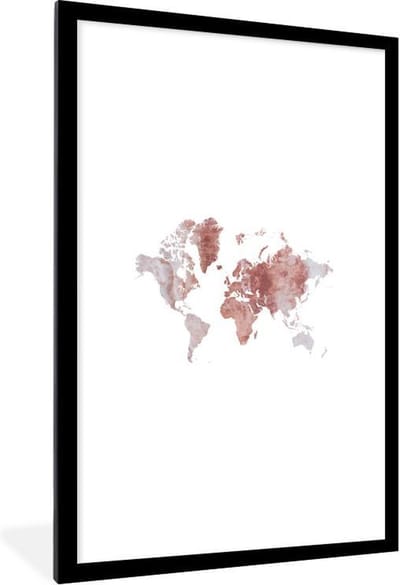 Poster in lijst - Fotolijst 60x90 cm - Posters - Wereldkaart - Steen - Rood - Wit - Posterlijst zwart - Decoratie - Wanddecoratie woonkamer - Muurdecoratie slaapkamer