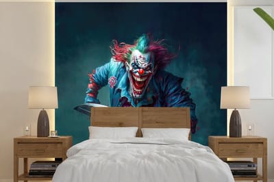 Behang - Fotobehang Clown - Horror - Mes - Kleding - Portret - Breedte 240 cm x hoogte 240 cm