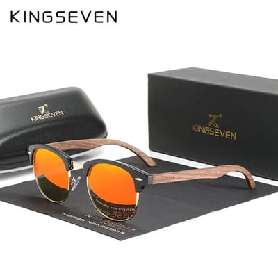 KINGSEVEN Heren Zonnebril - Houtlook Pootjes met Oranje Spiegelglazen - N5516