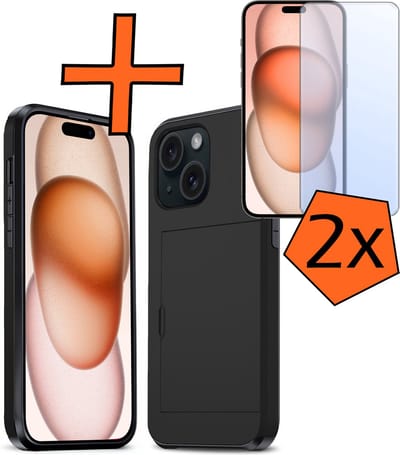 Hoesje Geschikt voor iPhone 15 Hoesje Pasjeshouder Shockproof Hard Case Met 2x Screenprotector - Hoesje Geschikt voor iPhone 15 Hoes Met Kaarthouder - Zwart