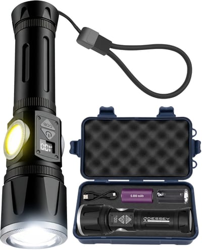 ODESSEY Militaire Zaklamp - LED Oplaadbaar - 5000 mAh Powerbank - Magneet - COB-Verlichting - met Polsband - Zaklampen - Kind - Zwart