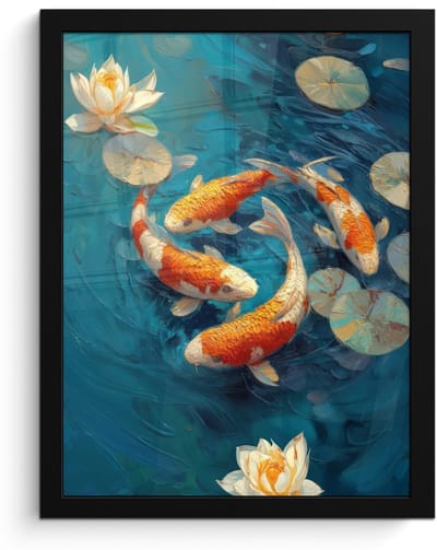Poster in lijst - Fotolijst 30x40 cm - Posters - Vissen - Waterlelies - Oranje - Water - Posterlijst zwart - Decoratie - Wanddecoratie woonkamer - Muurdecoratie slaapkamer