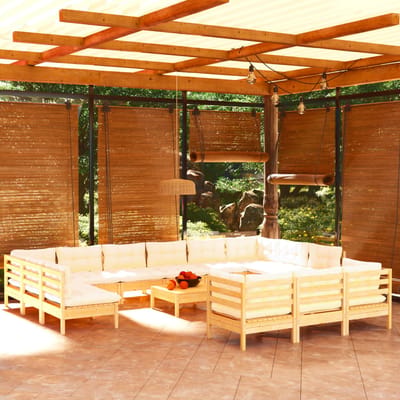 vidaXL - 14-delige - Loungeset - met - crèmekleurige - kussens - grenenhout