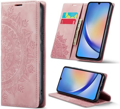 Casemania Hoesje Geschikt voor Samsung Galaxy A34 5G Pale Pink - Mandala Dunne Portemonnee Book Case - Slim Wallet Case met Pasjeshouder