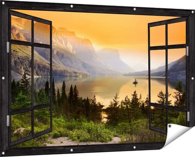 Gards Tuinposter Doorkijk Bergen met een Meer in Nationaal Park Glacier - 150x100 cm - Tuindoek - Tuindecoratie - Wanddecoratie buiten - Tuinschilderij