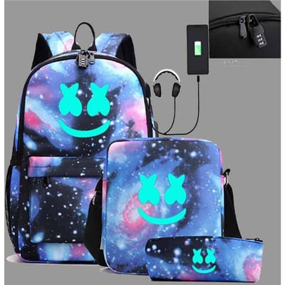 Marshmello Marshmallow Lichtgevende Rugzak Crossbody Etui Drie Delig Set Usb Opladen Student Schooltas Rugzak One size fits all blue