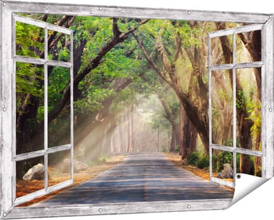 Gards Tuinposter Doorkijk Weg Omringd met Bomen - 150x100 cm - Tuindoek - Tuindecoratie - Wanddecoratie buiten - Tuinschilderij