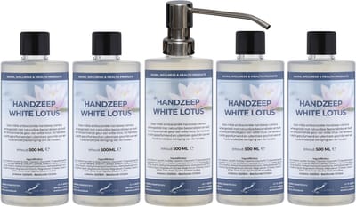 Handzeep White Lotus 500 ml - set van 5 stuks - met gratis RVS zilverkleurige pomp - Voordeelverpakking