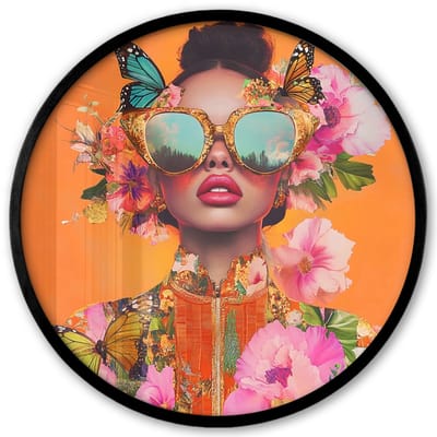 Poster in lijst Rond - Fotolijst 40x40 cm - Posters - Vlinders - Vrouw - Zonnebril - Kleurrijk - Ronde posterlijst zwart - Decoratie - Wanddecoratie woonkamer - Muurdecoratie slaapkamer