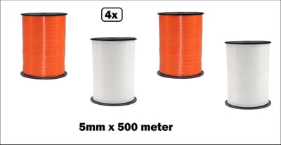 4x Krul lint wit en oranje 5mm x 500m- Vernieuwd, nu met folie beschermlaag om de verpakking. - krul lint kerst thema feest decoratie