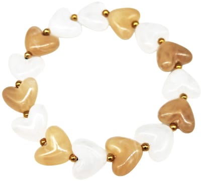 Elastische armband - RVS kralen - hartjes - bruin-wit