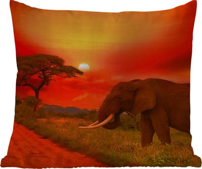 Tuinkussen - Olifant - Zonsondergang - Oranje - Savanne - Dieren - 40x40 cm - Weerbestendig