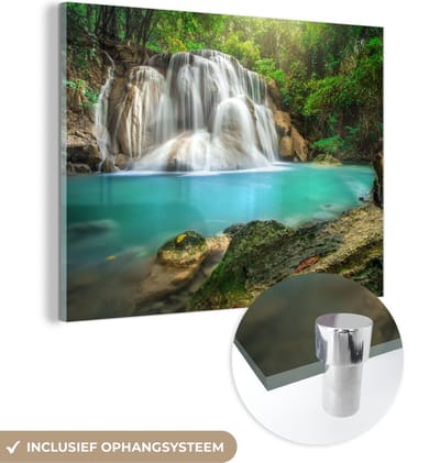 MuchoWow® Glasschilderij 40x30 cm - Schilderij acrylglas - Bos - Waterval - Natuur - Foto op glas - Schilderijen