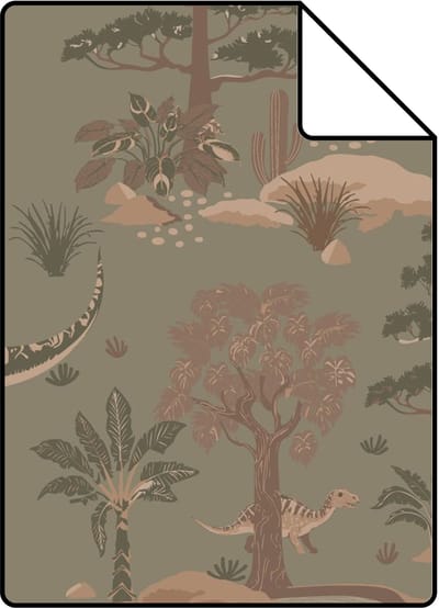Proefstaal ESTAhome behang dinosaurussen vergrijsd groen en bruin - 26.5 x 21 cm - 131657-S