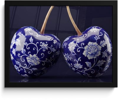 Poster in lijst - Fotolijst 40x30 cm - Posters - Porselein- Kersen - Delfts - Blauw - Posterlijst zwart - Decoratie - Wanddecoratie woonkamer - Muurdecoratie slaapkamer