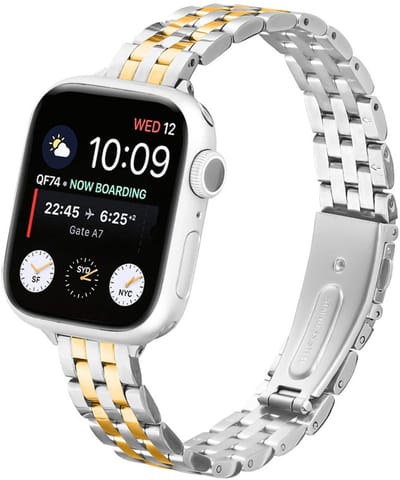 RVS bandje - geschikt voor Apple Watch 1/2/3/4/5/6/7/8/9/10/11/ SE (1,2,3) met maat 38 mm / 40 mm / 41 mm en 42 mm (Watch 10/11) - smalle stalen band met vlindersluiting - zilver goud