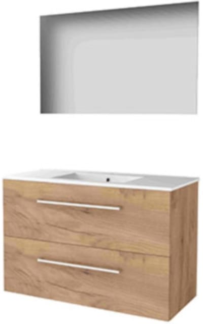 Basic-Line Ultimate 46 Badkamermeubelset - 100 x 46 cm - Met Grepen - 2 Lades - Keramische Wastafel - 1 Kraangat - Spiegel met Indirecte LED Verlichting - Whisky Oak