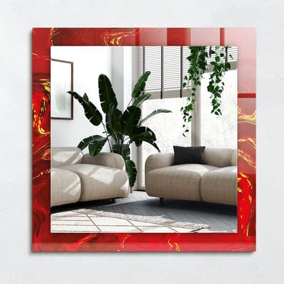 Wallfluent Spiegel - Abstracte Rode Verf Vierkante Spiegel - 60x60 cm - Rood Spiegel op gehard Glas - Decoratieve spiegel met patroon - Slaapkamerspiegel - Badkamerspiegel - Gang - Kleedkamer - Visagiespiegel