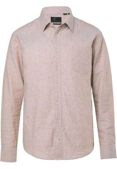 JP 1880 - Heren - Overhemd van linnenmix lange mouwen kentkraag Modern Fit - Tabaksbruin - Maat 3XL