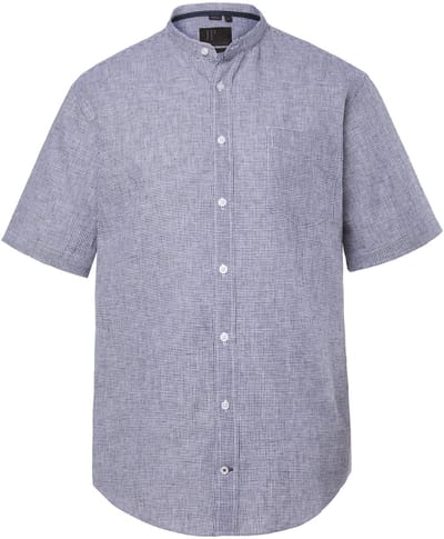 JP 1880 - Heren - geruit overhemd van een linnenmix korte mouwen opstaande kraag - Navy blauw - Maat L