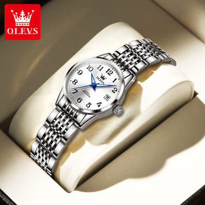 HO-6666L.z : Olevs zilverkleurig tourbillon/mechanisch edelstaal dames horloge, blauwe wijzers, zwarte grote cijfers, luminiscerend, dagnaam, kalenderdag