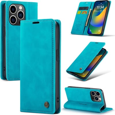Casemania Hoesje Geschikt voor Apple iPhone 14 Pro Azure Blue - Dunne Portemonnee Book Case - Slim Wallet Case met Pasjeshouder