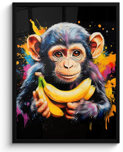 Poster in lijst - Fotolijst 50x70 cm - Posters - Aap - Graffiti - Kleurrijk - Bananen - Modern - Posterlijst zwart - Decoratie - Wanddecoratie woonkamer - Muurdecoratie slaapkamer