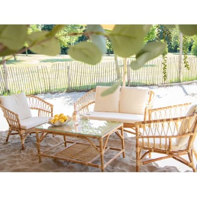AXI Mary Rotan Stoel-bank loungeset 4-delig naturel/wit – 2 stoelen en bank met tafel – Tafel met glazen blad - Inclusief zit- en rugkussens - Rotan tuinmeubelset