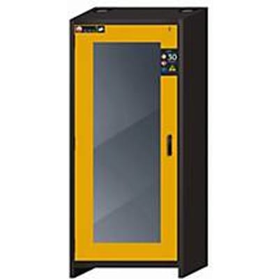 Veiligheidskast type 30 asecos Q-DISPLAY-30, scharnierende deur met glasuitsparing, links scharnier, voorkant in veiligheidsgeel, B 864 x D 620 x H 1947 mm