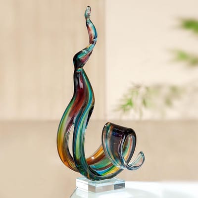Glassculptuur- glas beeld- wave bruin blauw groen 42 cm hoog beeld van glas decoratie