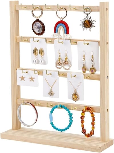 Earring Display Stands voor Sieraden met 24 Haken, 4 Niveaus Houten Organizer voor Oorbellen, Kettingen en Armbanden