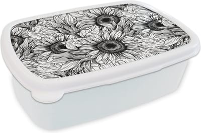 Broodtrommel Wit - Lunchbox - Brooddoos - Bloemen - Zonnebloem - Patroon - 18x12x6 cm - Volwassenen